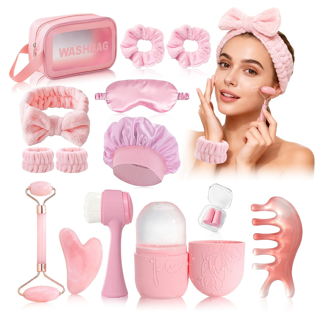 3pcs/5pcs/8pcs/14pcs Facial Beauty Massage and Care Tool Set: Face Gua Sha Scraper, Massage Roller, Ice Tool, Facial Cleansing Brush, Head Massage Comb, Face Washing Hair Tie, Wrist Strap, Sleep Mask, Hair Bonnet, Hair Ties,