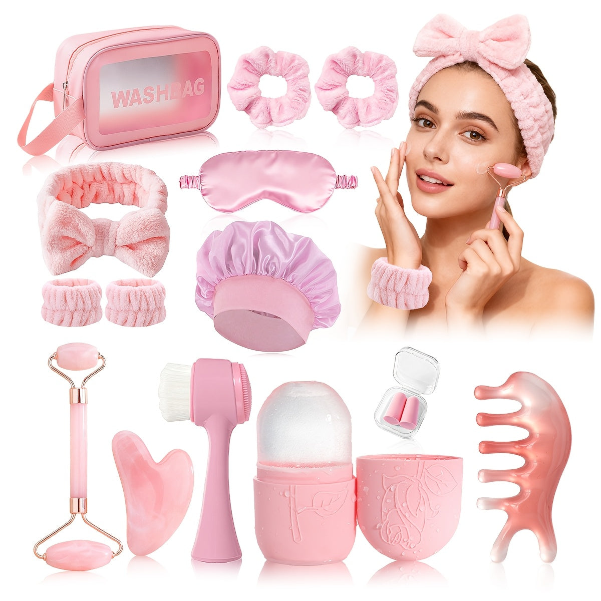 3pcs/5pcs/8pcs/14pcs Facial Beauty Massage and Care Tool Set: Face Gua Sha Scraper, Massage Roller, Ice Tool, Facial Cleansing Brush, Head Massage Comb, Face Washing Hair Tie, Wrist Strap, Sleep Mask, Hair Bonnet, Hair Ties,
